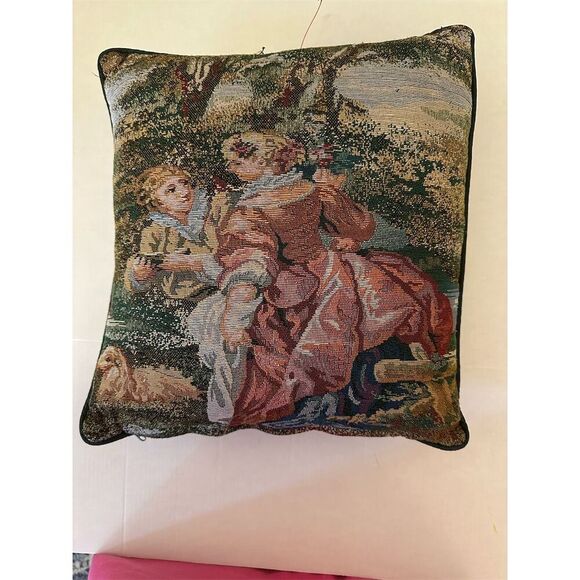 Vintage French Aubusson Style Tapestry Pillow Romantic Scene Decor - Picture 2 of 2